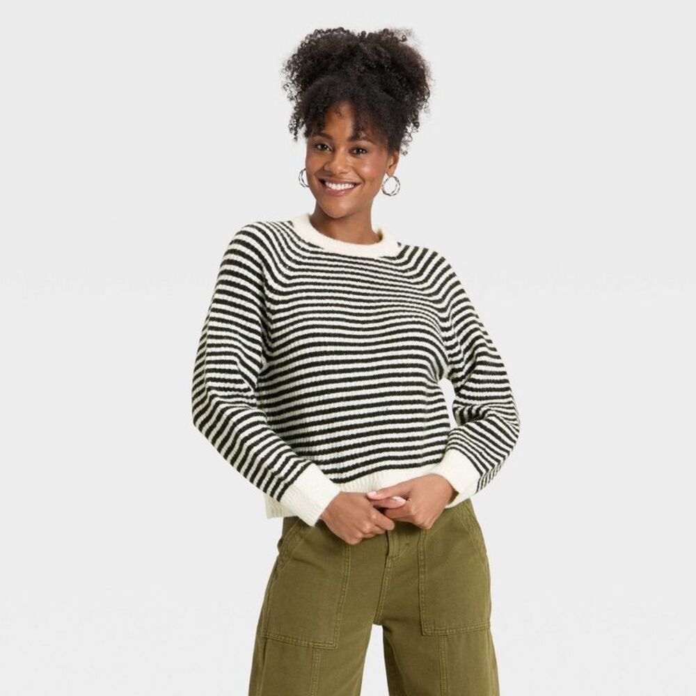Women's Cozy Knit Crewneck Pullover Sweater - Multicolor Striped S